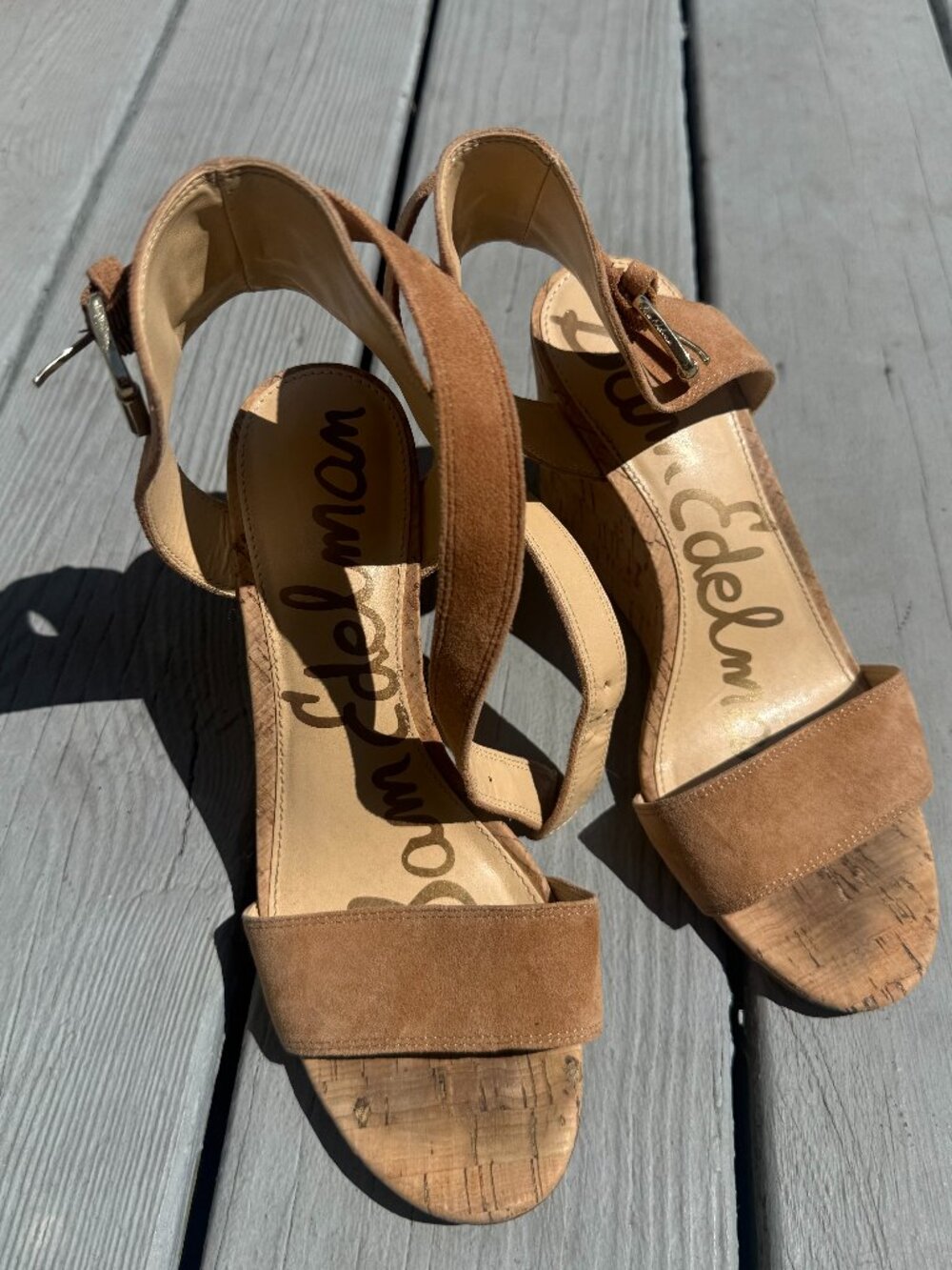 Sam Edelman Tan Suede Cork Wedge Sandals Ankle Strap Women’s Size 7.5